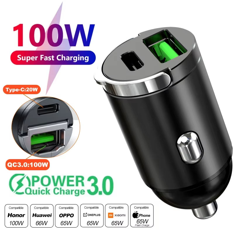 Car 100-200W Dual Port Mini USB Charger Ultra Fast Charging Cigarette Lighter Socket 12-24V Aluminum Cell Phone Charging Adapter